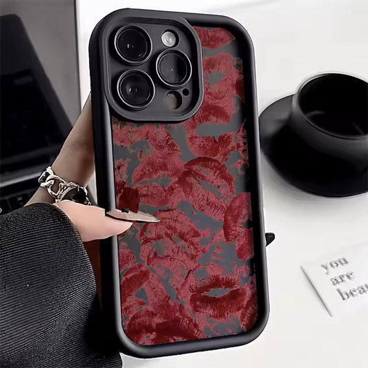 Black Lips Kiss Print Soft Matte Phone Case For iPhone 13 Case iPhone 14 16 11 16e 15 12 Pro Max XR 7 8 Plus SE 2 Silicone Cover